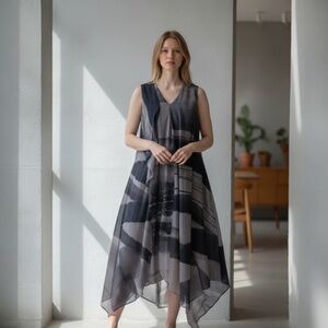 S.DEER Modern Geometric Sleeveless Asymetric Midi Dress Flowy, Elegant - NWT